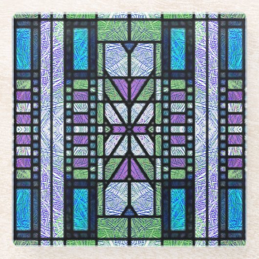 ステンドグラスアールデコの薄紫と青 ガラスコースター (正面)