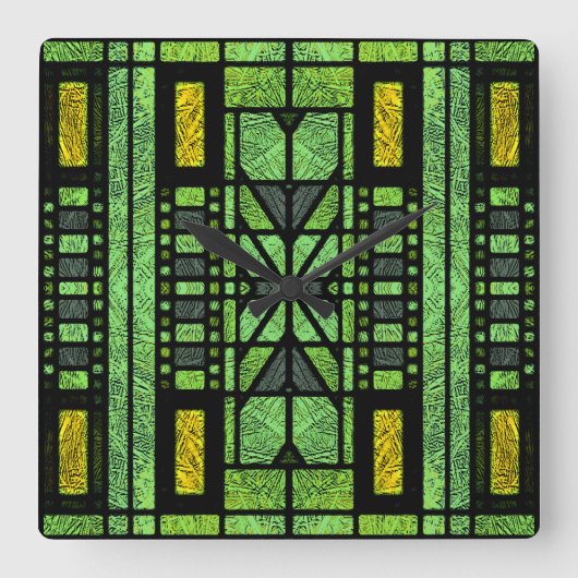 ステンドグラスアールデコ(緑と金ゴールド) スクエア壁時計 (正面)