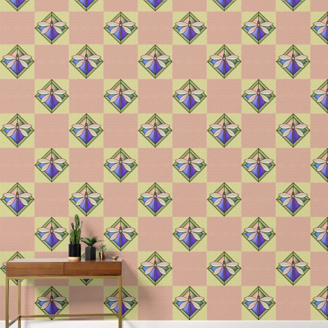 ステンドグラスアールヌーボー蝶オンピンクイエロー 壁紙 (廊下)