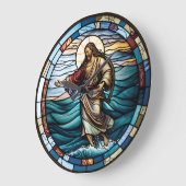 ステンドグラスイエス歩くオンウォーターデザイン時計 ラージ壁時計 (傾斜)