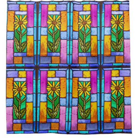 ステンドグラスイエローデイジー シャワーカーテン (正面)