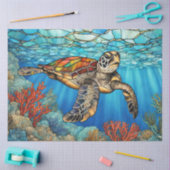 ステンドグラスウミガメ泳ぎ、サンゴ 薄葉紙 (クラフト)