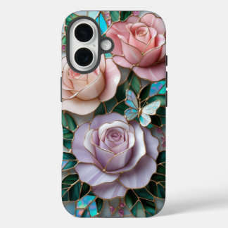 ステンドグラスエレガントアートの赤面ピンクのバラ iPhone 16ケース