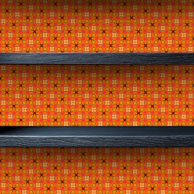 ステンドグラスオレンジフローラ小プリント 壁紙 (Stained Glass Orange Floral Small Print Wallpaper on a shelf)