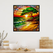 ステンドグラスカラフルサンセットオーバービーチ ポスター (キッチン)