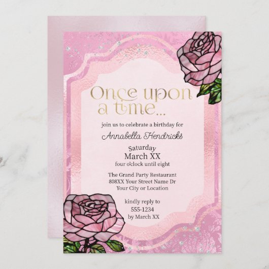 ステンドグラスクピンクローズスリーピング美しいおとぎ話 招待状 (正面/裏面)