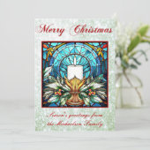 ステンドグラスクリスマスキャンドルホリーグリーングリッター シーズンカード (スタンド正面)