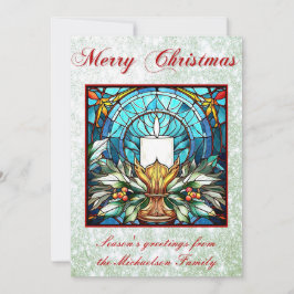 ステンドグラスクリスマスキャンドルホリーグリーングリッター シーズンカード