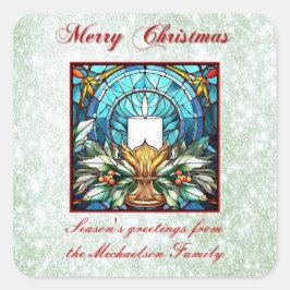 ステンドグラスクリスマスキャンドルホリーグリーングリッター スクエアシール