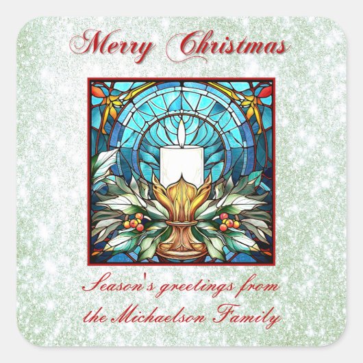 ステンドグラスクリスマスキャンドルホリーグリーングリッター スクエアシール (正面)