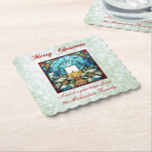 ステンドグラスクリスマスキャンドルホリーグリーングリッター ペーパーコースター (アングル)