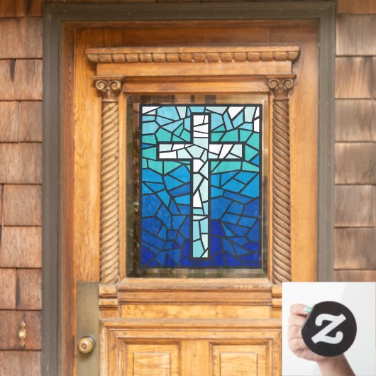 ステンドグラスクロスブルー白黒 ウィンドウサイン (ホームデコレーション)