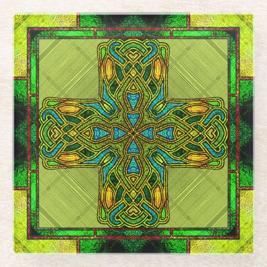 ステンドグラスケルト十字石灰グリーンと金ゴールド ガラスコースター (正面)