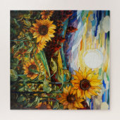 ステンドグラスサンフラワーフィールドサンセットマウンテンズ ジグソーパズル (横)