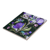 ステンドグラススタイルの緑の鳥と紫の花 タイル (側面)