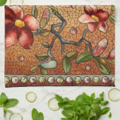 ステンドグラススタイルの花の木の上の鳥 キッチンタオル (折り畳み)