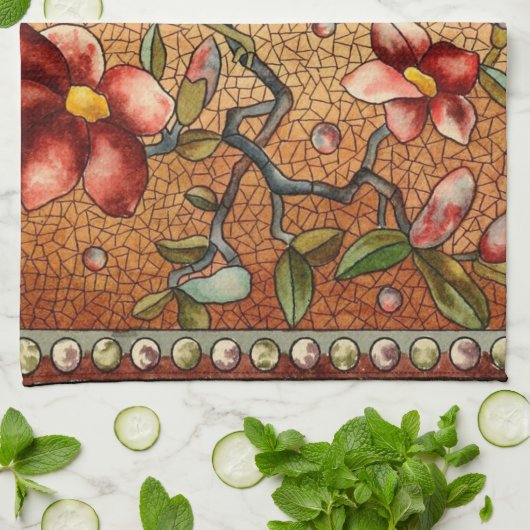 ステンドグラススタイルの花の木の上の鳥 キッチンタオル (折り畳み)