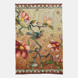 ステンドグラススタイルの花の木の上の鳥 キッチンタオル