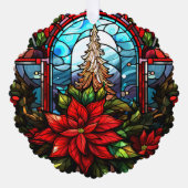 ステンドグラススタイルクリスマスツリーとポインセチア オーナメントカード (正面)