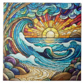 ステンドグラススタイルトロピカルサンセットオンビーチアート タイル (正面)