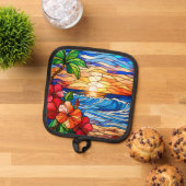 ステンドグラススタイルトロピカルサンセットオンビーチアート 鍋敷き (トップダウン)