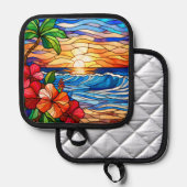 ステンドグラススタイルトロピカルサンセットオンビーチアート 鍋敷き (正面/裏面)