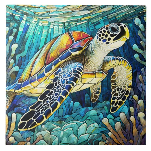 ステンドグラススタイルハワイアンウミガメ本能芸術 タイル (正面)