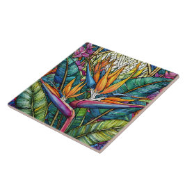 ステンドグラススタイルパラダイスアートの鳥 タイル