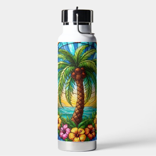 ステンドグラススタイルパームツリー及びハイビスカス ウォーターボトル (左面)