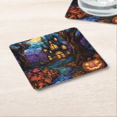 ステンドグラススタイル幽霊のよく出るハウス スクエアペーパーコースター (アングル)