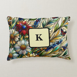 ステンドグラスデザインワイルドフラワーと蝶 アクセントクッション