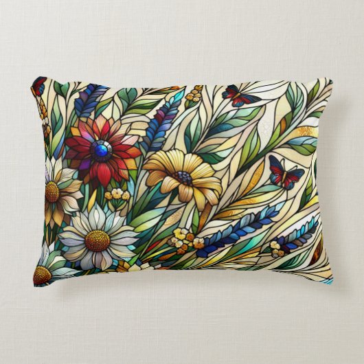 ステンドグラスデザインワイルドフラワーと蝶 アクセントクッション (正面)