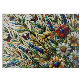 ステンドグラスデザインワイルドフラワーと蝶 カッティングボード