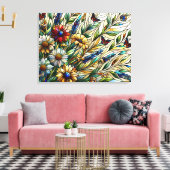ステンドグラスデザインワイルドフラワーと蝶 キャンバスプリント (インサイチュ (リビング))