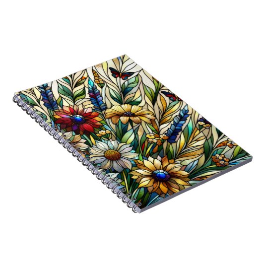 ステンドグラスデザインワイルドフラワーと蝶 ノートブック (右側)