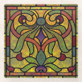 ステンドグラスデザイン金ゴールドと赤 ガラスコースター