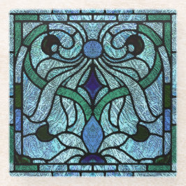 ステンドグラスデザイン（青と緑） ガラスコースター