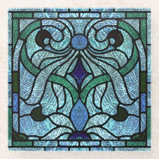 ステンドグラスデザイン（青と緑） ガラスコースター (正面)