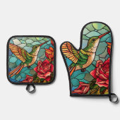 ステンドグラスハミングバードバラ 鍋つかみ&鍋敷きセット (正面)