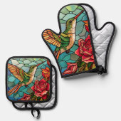 ステンドグラスハミングバードバラ 鍋つかみ&鍋敷きセット (正面/裏面)