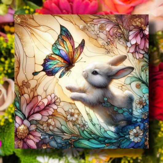 ステンドグラスバニーウサギと蝶イースター シーズンカード