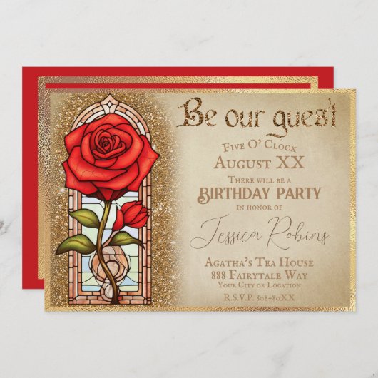 ステンドグラスバラ美しい及び獣テーマ 招待状 (正面/裏面)