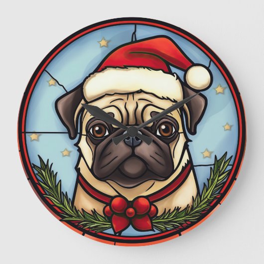 ステンドグラスパグのクリスマス ラージ壁時計 (正面)