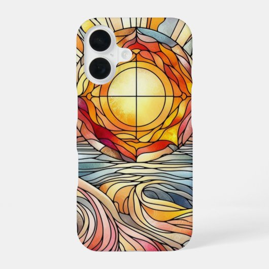 ステンドグラスパターンの海上の日没 iPhone 16ケース (裏面)