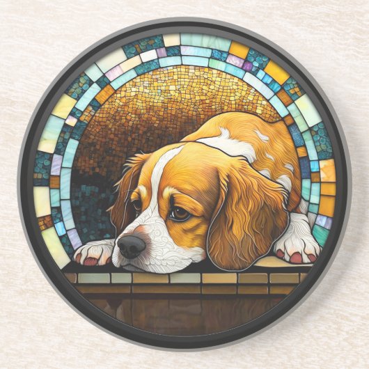 ステンドグラスフェイクカバリヤーキングチャールズスパニエル犬 コースター (正面)