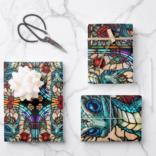 ステンドグラスフェイクドラゴンとバラ ラッピングペーパーシート (正面)