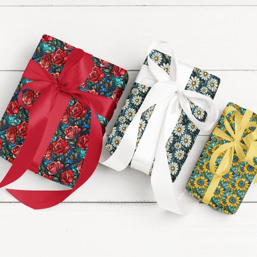 ステンドグラスフローラカラフル花 ラッピングペーパーシート