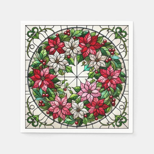 ステンドグラスフローラポインセチアリースデコページ スタンダードカクテルナプキン (正面)