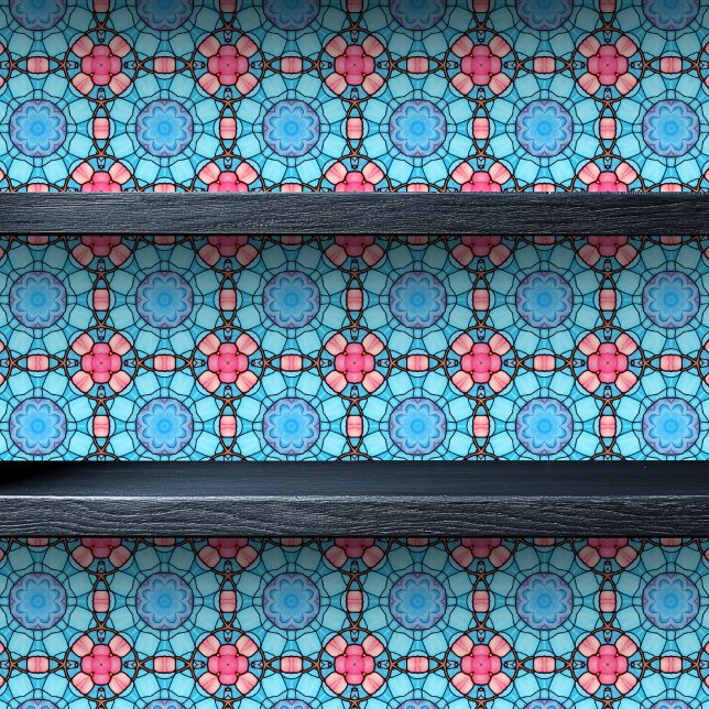 ステンドグラスブルーとピンクオクタゴン小プリント 壁紙 (Stained Glass Blue and Pink Octagon Small Print Wallpaper on a shelf)