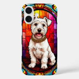 ステンドグラスポートレートのアートワーク – 白犬 iPhone 16ケース
